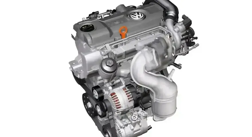 Silnik 1.6 TDI Volkswagena z turbosprężarką i paskiem napędowym.