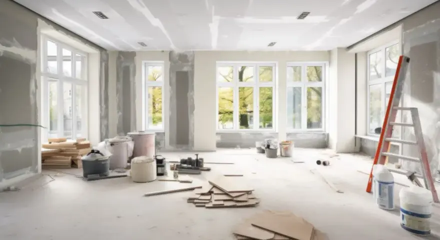 Salon w trakcie remontu, widoczne materiały budowlane, drabina i okna z widokiem na drzewa.
