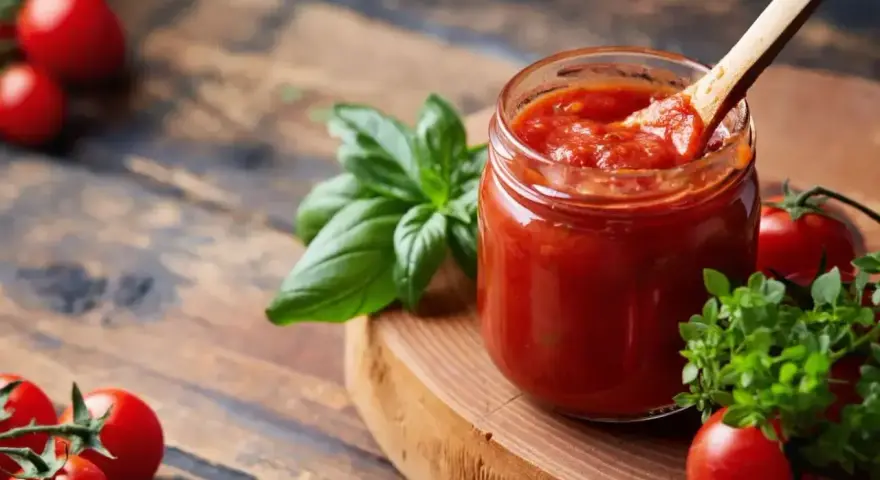 Słoik domowego sosu pomidorowego z bazylią i pomidorkami koktajlowymi. Idealny do pizzy, makaronu, a nawet jako dodatek do pieczonych mięs. Pyszny sos cebulowy w tle.