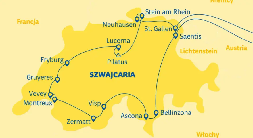 Mapa Szwajcarii z trasą grand tour: Fryburg, Lucerna, Pilatus, Zermatt, Ascona, Bellinzona, Stein am Rhein.