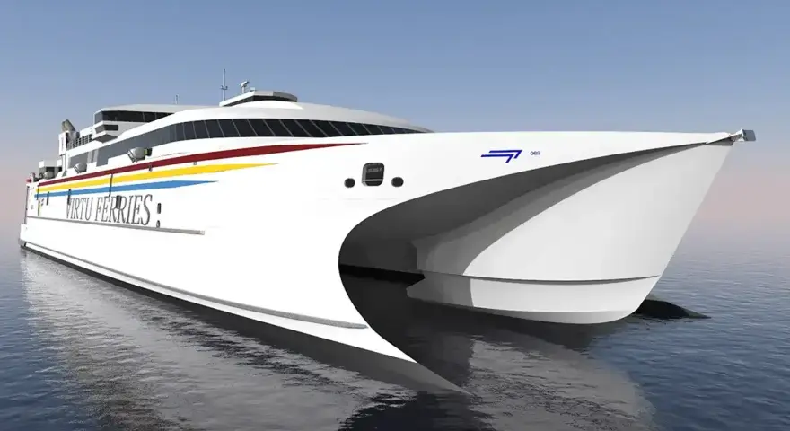 Nowoczesny katamaran Virtu Ferries, z jaką prędkością płynie prom, nie jest widoczny, ale jego sylwetka sugeruje szybkość.