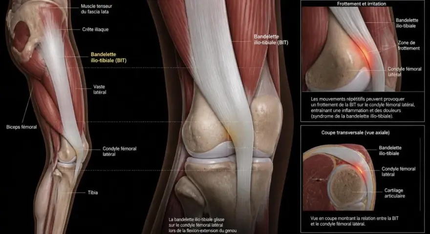 Anatomie du genou montrant le frottement de la bandelette ilio-tibiale sur le condyle fémoral, cause du syndrome de l'exercice essuie-glace.