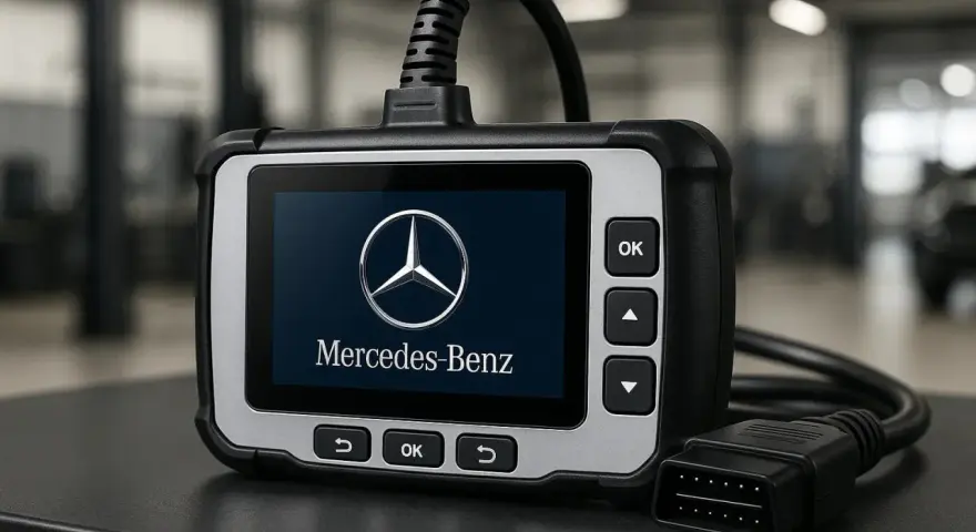Diagnostikverktyg för Mercedes-Benz visar en lista med felkoder.