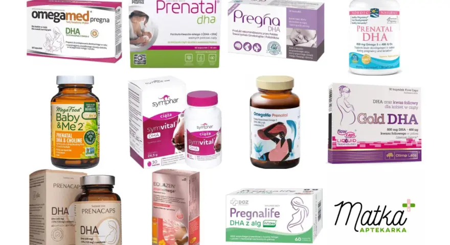 Suplementy diety z DHA dla kobiet w ciąży: Pregna, Omegamed, Symvital, Gold DHA, Prenacaps, Pregnalife, Equazen, OmegaMe, MegaFood.