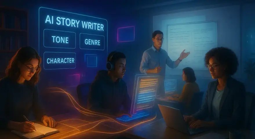 Un grupo de personas trabaja en un aula futurista, usando IA para escribir historias. La pantalla muestra "AI STORY WRITER" con opciones como TONE, GENRE y CHARACTER, sugiriendo una **elipsis narrativa** en la creación de contenido.
