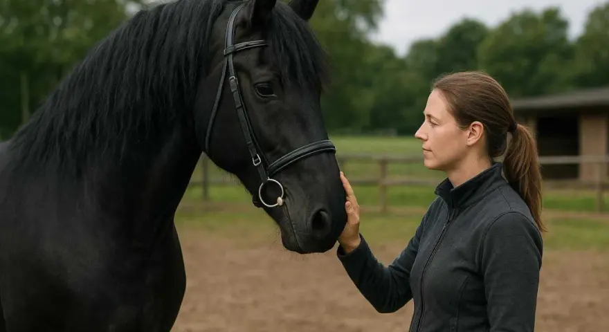 Une femme caresse la tête d'un magnifique cheval frison noir, une connexion paisible dans un pré.
