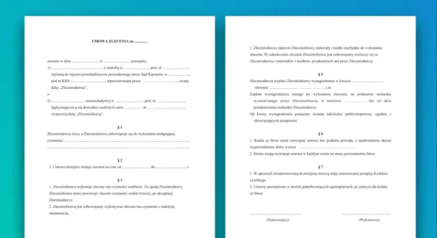 Przykładowy wzór umowy zlecenia, zawierający dane stron, opis czynności, wynagrodzenie i warunki rozwiązania umowy.