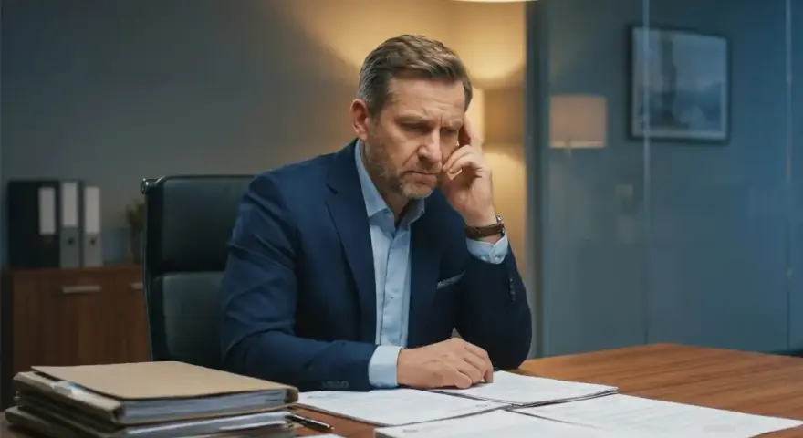 Zamyślony prezes spółki z o.o. przy biurku, zastanawia się, czy odpowiada swoim majątkiem.