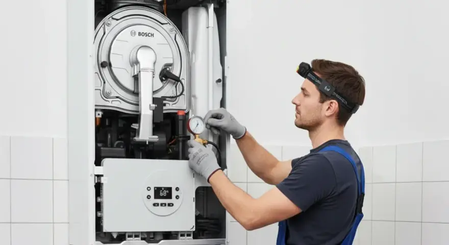 Tecnico controlla la pressione caldaia a 2 bar con manometro.