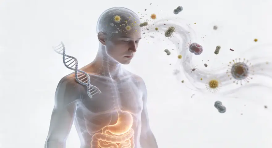 Representación de un cuerpo humano con ADN y virus, sugiriendo una posible alergia al vaper y su impacto en el sistema.