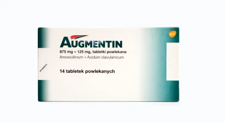 Opakowanie leku Augmentin 875 mg + 125 mg, zawierające 14 tabletek powlekanych.