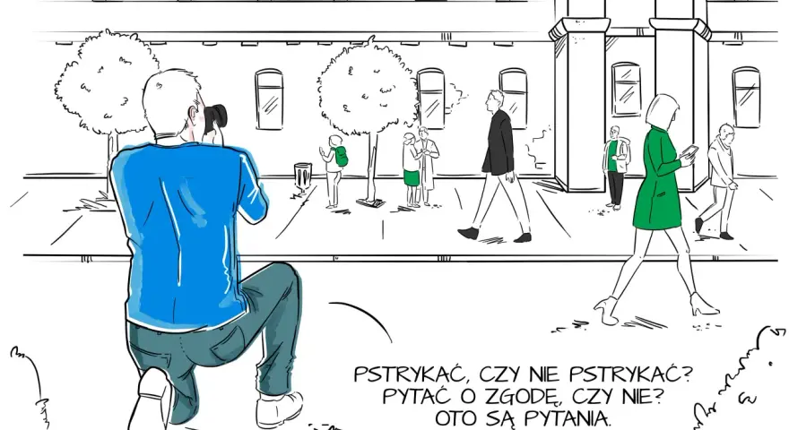 Fotograf klęczy, by zrobić zdjęcie. Zastanawia się, czy pytać o zgodę, jak w umowie rodo dla fotografa.