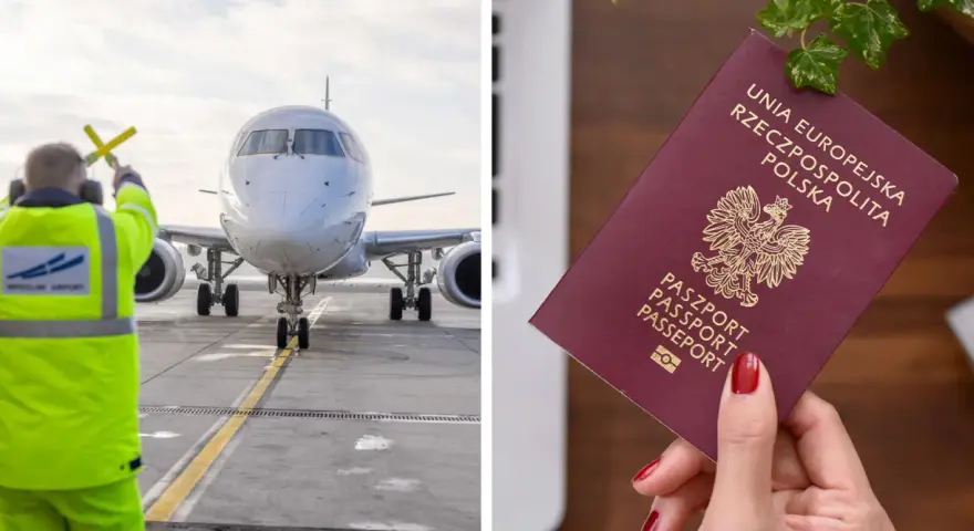 Pracownik lotniska kieruje samolotem, a obok polski paszport. Planujesz podróż z biura paszportowego Jelenia Góra?
