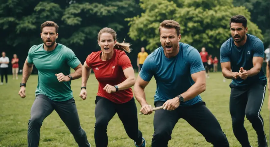 Quatre personnes en tenue de sport courent sur l'herbe, déterminées. Un défi sportif d'entreprise en plein air.