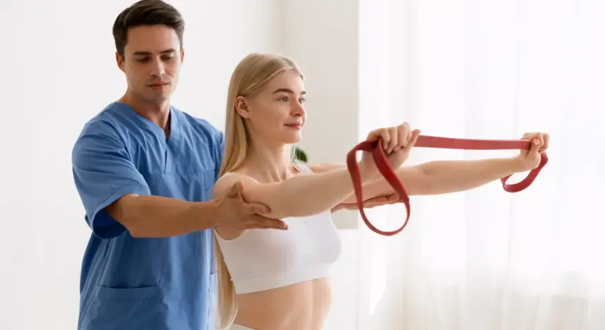 Un chinesiologo, un vero medico, guida una paziente in un esercizio con elastico rosso per migliorare la mobilità.