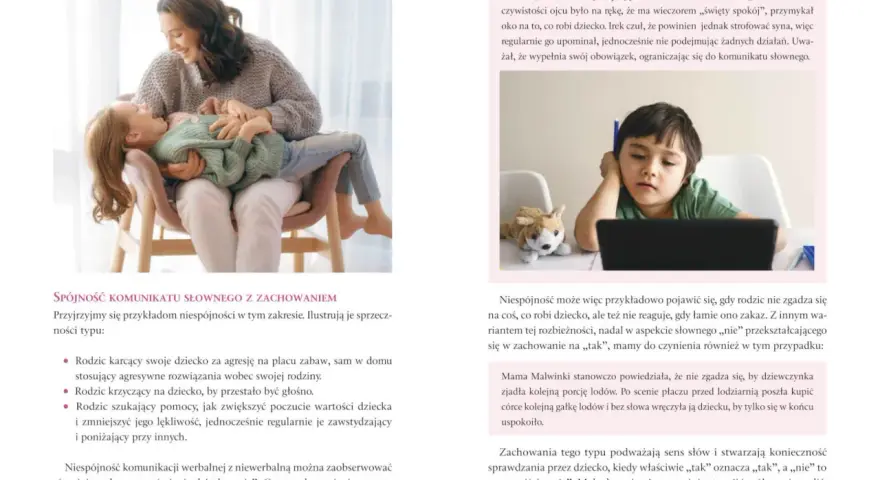 Matka z dzieckiem na rękach i chłopiec przed laptopem ilustrują niespójność komunikacji, która wpływa na fabułę książki.