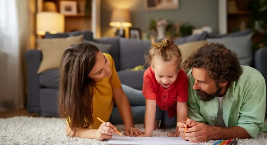 Rodzina rysuje na dywanie. Mama, tata i dziecko cieszą się wspólnym czasem, planując, ile jest zwrotu z podatku za dziecko.