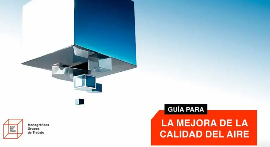 Guía para la mejora de la calidad del aire, con cubos abstractos y el logo de Smart City Cluster.