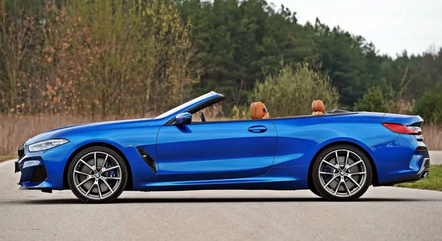 Niebieski roadster z brązową skórzaną tapicerką, zaparkowany na drodze z widokiem na las.