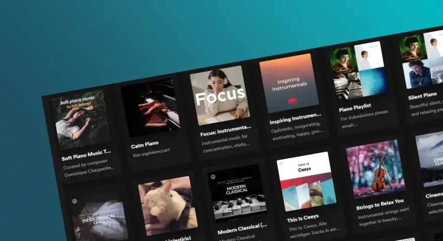 Spotify-Oberfläche mit vielen best Spotify playlists, darunter "Soft Piano Music", "Focus" und "Inspiring Instrumentals".