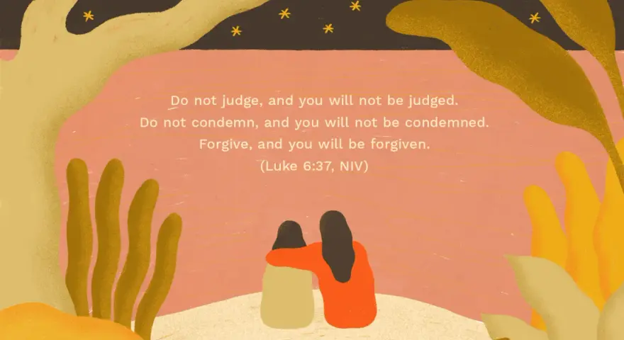 Two figures embrace under a starry sky, with bible verses about forgiving others who hurt you.
