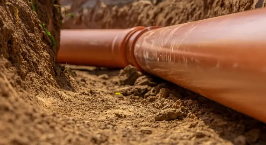 Gros plan sur une canalisation orange dans une tranchée. La servitude de canalisation enterrée est en cours d'installation, prête à être recouverte de terre.