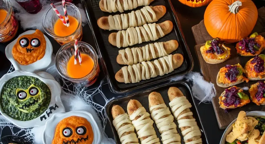 En härlig Halloween-buffé med mumiekorvar, pumpor och läskiga dippar. Perfekt för en mumie halloween-fest!
