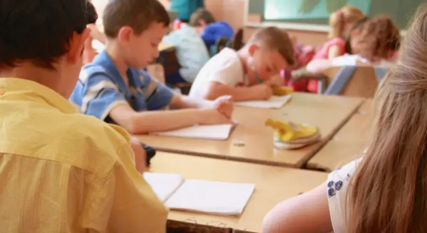 Bambini in classe studiano, un esempio di come le scienze pedagogiche cos'è, osservando l'apprendimento.