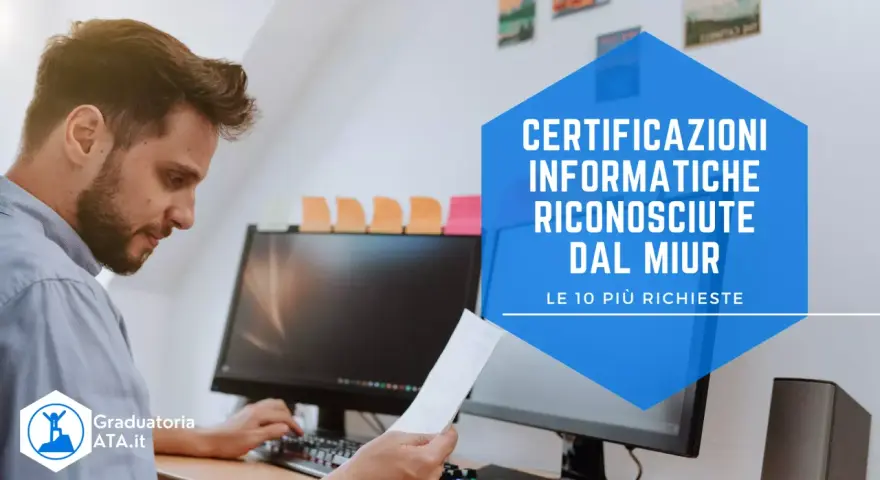 Uomo al computer con testo "Certificazioni informatiche riconosciute dal MIUR".