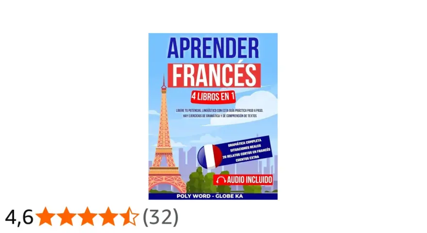 Portada de libro "Aprender Francés", con la Torre Eiffel y la bandera francesa. Incluye "comic en francés" y "audio incluido".