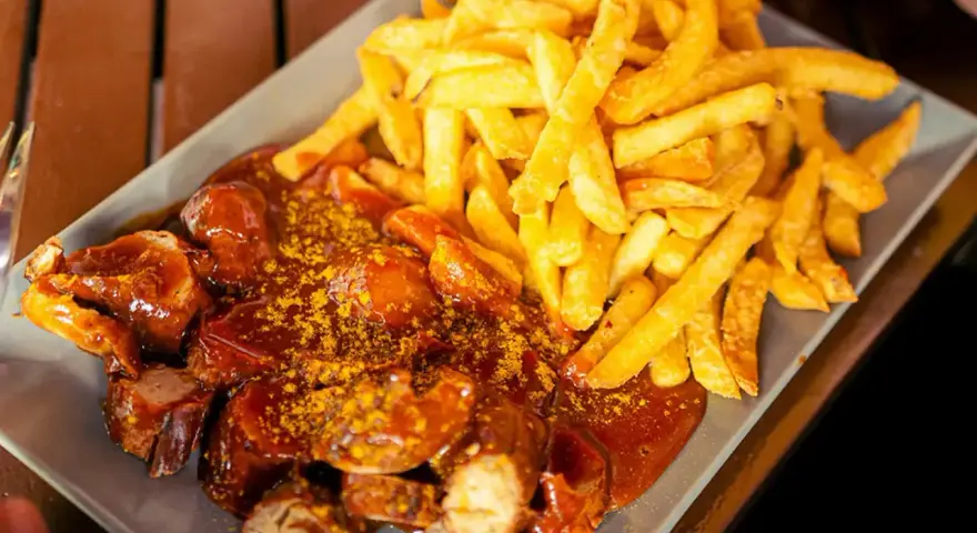 Currywurst z frytkami, klasyka, co zjeść w Berlinie. Pyszne danie na talerzu.