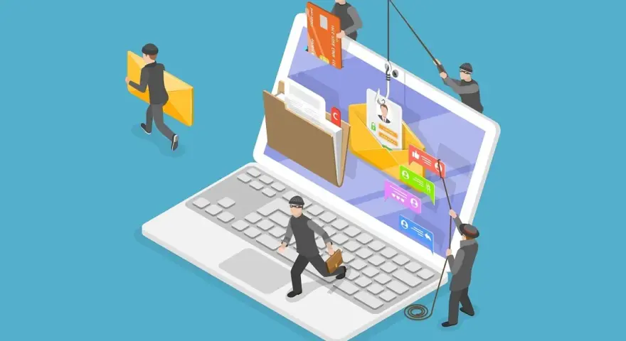 Ladrones intentan robar datos de una laptop, mostrando cómo saber si un correo es falso y evitar el phishing.