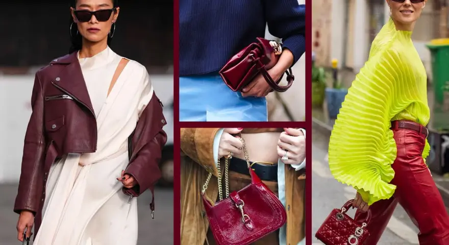 Moda donna: come abbinare il bordeaux con look audaci e chic. Giacche, borse e pantaloni in tonalità intense per un outfit di tendenza.