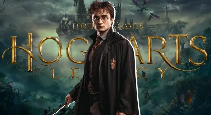 Harry Potter, con su túnica y varita, se alza ante el castillo de Hogwarts. El logo de "Hogwarts Legacy 2" brilla en dorado, rodeado de dragones y misterio.