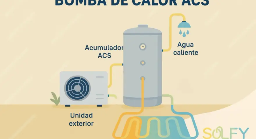 Bomba de calor ACS con unidad exterior, acumulador de agua caliente sanitaria y suelo radiante.