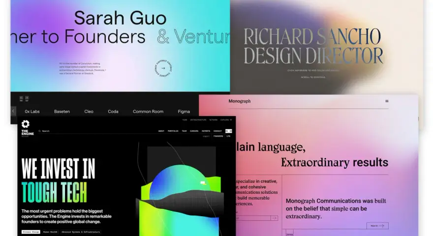 Moderne Websites mit klarem Layout und Farbverläufen. Ein Beispiel für gutes Webdesign, das Informationen über Gründer, Investitionen und Design präsentiert.