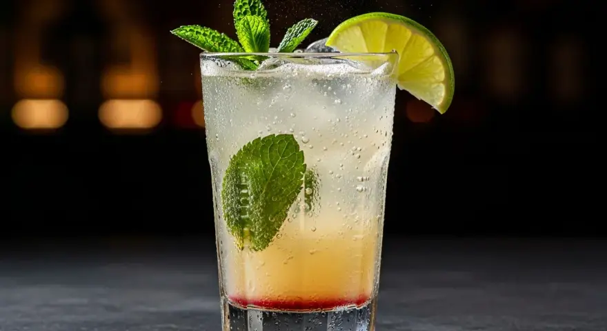 En uppfriskande drink med mynta, lime och en hint av rött, kanske en Fidel Castro drink.