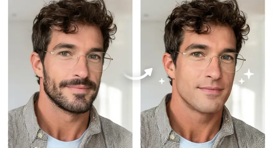 Un hombre con barba sin bigote se transforma a un rostro afeitado y radiante.