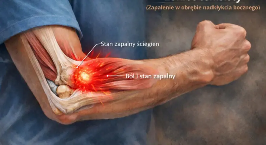 Anatomia łokcia z zaznaczonym stanem zapalnym ścięgien i bólem, wskazującym na łokieć tenisisty.