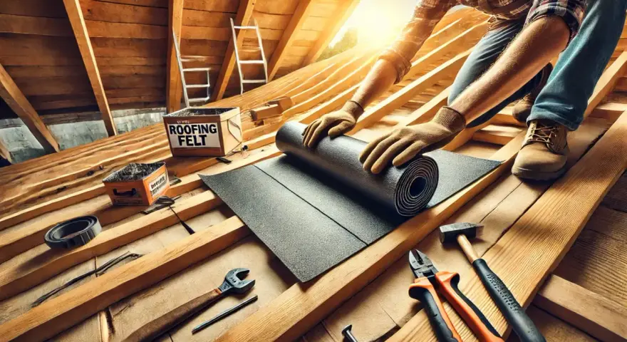 Ręce w rękawiczkach rozwijają najlepszą papę termozgrzewalną na drewnianym dachu. Narzędzia i skrzynka z napisem "ROOFING FELT" czekają.