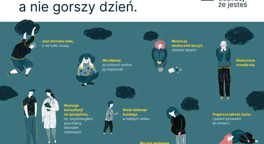 Ilustracja pokazuje osoby zmagające się z depresją, objawiającą się anhedonią, brakiem radości.