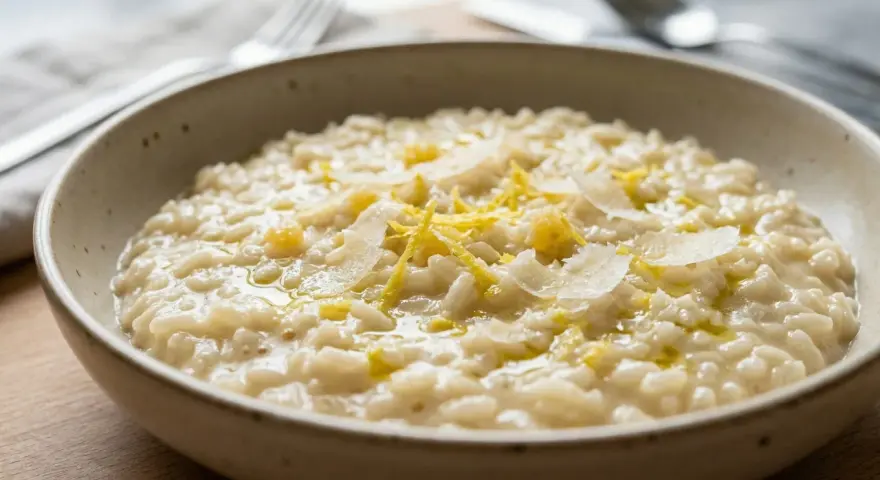 Un cremoso risotto al limone, guarnito con scorza di limone e scaglie di parmigiano, pronto per essere gustato.