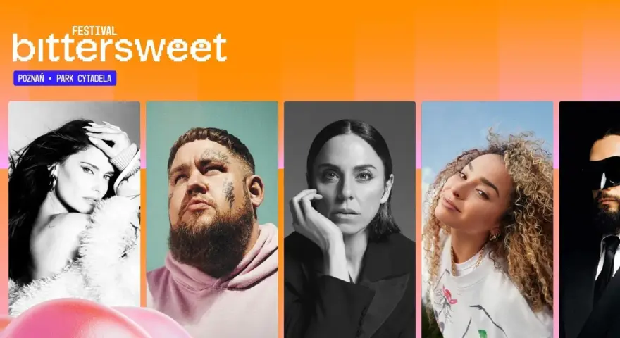 Plakaty artystów na festiwalu Bittersweet 2026 w Poznaniu: artystka w białym futrze, mężczyzna z tatuażami, Melanie C, kobieta z kręconymi włosami i mężczyzna w okularach.