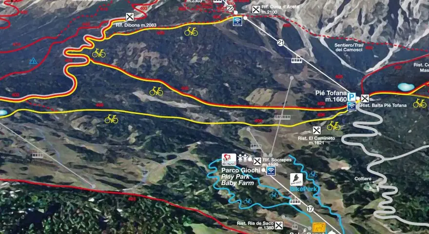 Mappa di sentieri montani con indicazioni per il "Sentiero dei Camosci", rifugi, piste ciclabili e aree gioco.