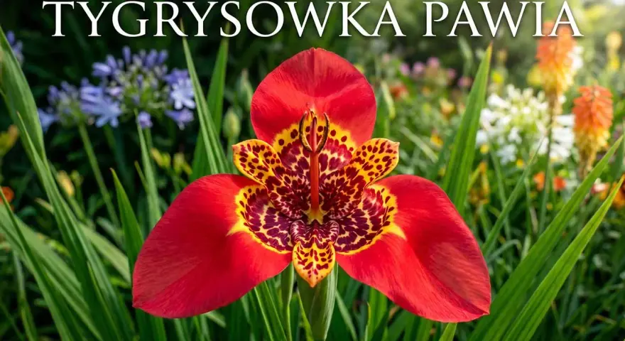 Tygrysówka pawia, z czerwonymi płatkami i cętkowanym wnętrzem, kwitnie wśród zieleni i innych barwnych kwiatów.