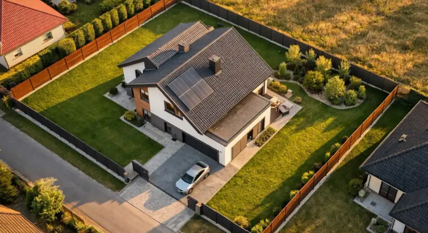 Nowoczesny dom z panelami słonecznymi, otoczony zadbanym ogrodem i ogrodzeniem. Idealne usytuowanie domu na działce, z podjazdem i samochodem.