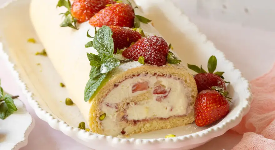 Eine köstliche Erdbeer Biskuitrolle, verziert mit frischen Erdbeeren, Minze und Pistazien, auf einem weißen Teller.