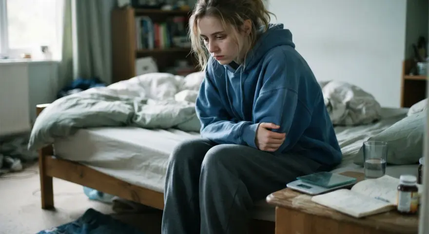 Ragazza seduta sul letto, pensierosa, con bilancia e diario sul comodino. Potrebbe riflettere le **anoressia cause madre** e le difficoltà emotive.
