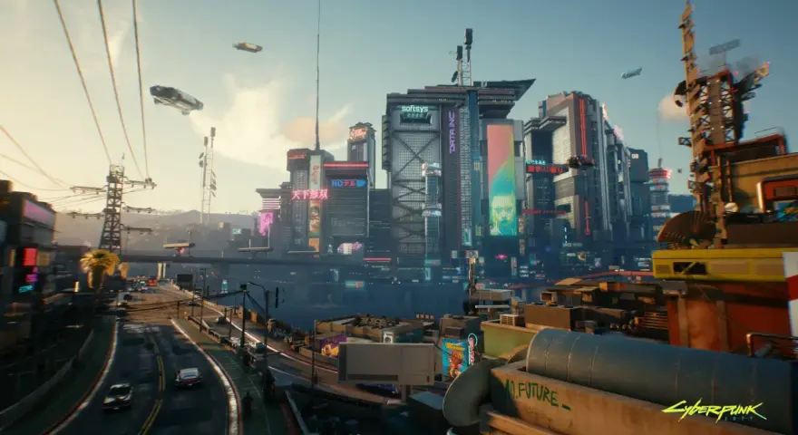 Ciudad futurista con rascacielos iluminados por neón, vehículos voladores y un ambiente de nivel máximo cyberpunk.
