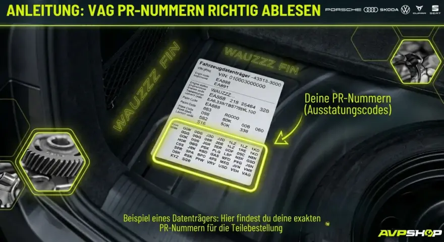 Anleitung zum Ablesen von VAG PR-Nummern (Ausstattungscodes) auf einem Fahrzeugdatenträger.
